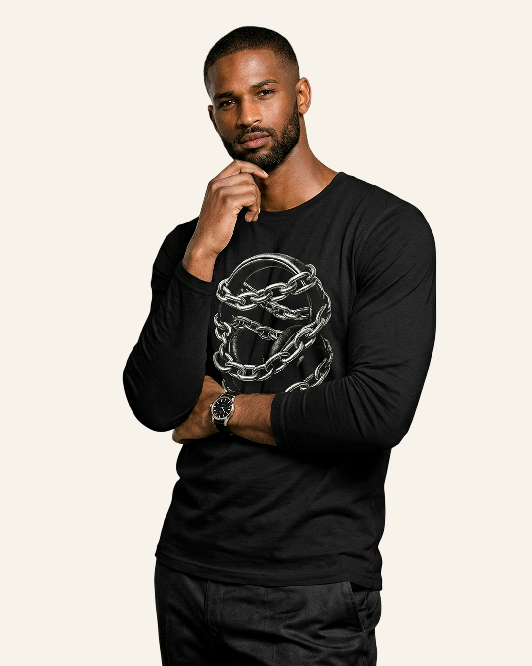 Silenced Frequency Graphic Long Sleeve Tee – Headphones Chain Design, Dark Aesthetic Streetwear