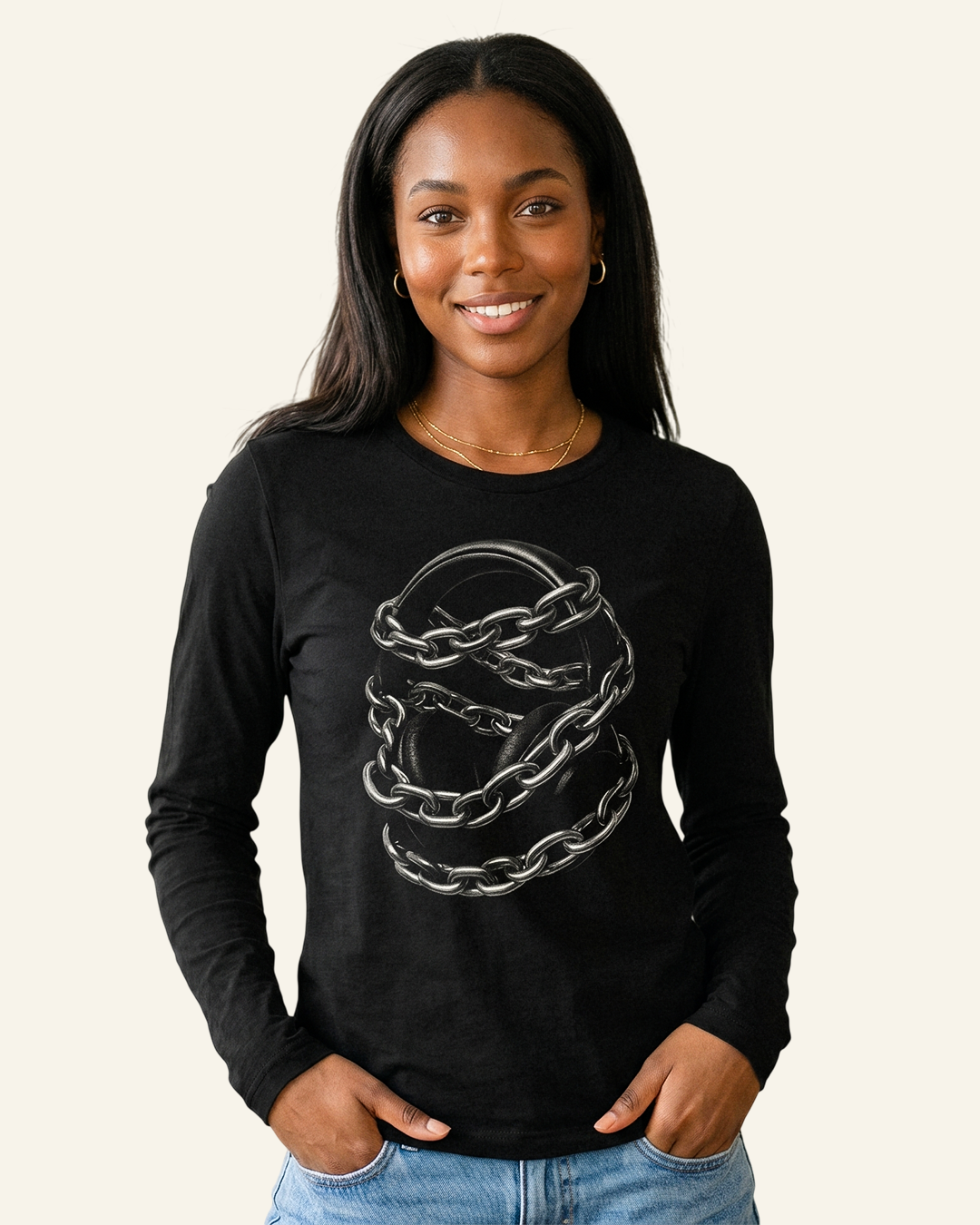 Silenced Frequency Graphic Long Sleeve Tee – Headphones Chain Design, Dark Aesthetic Streetwear