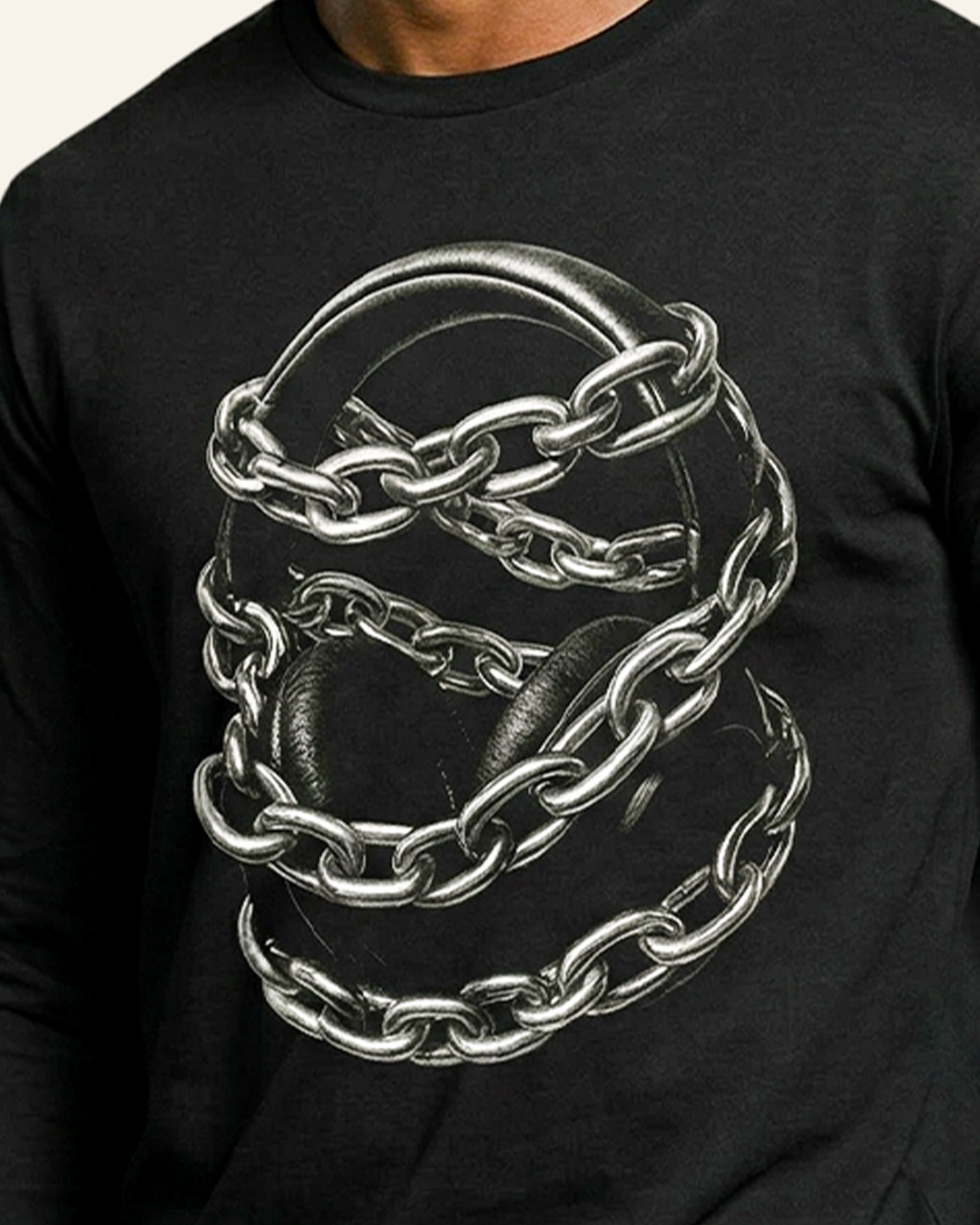 Silenced Frequency Graphic Long Sleeve Tee – Headphones Chain Design, Dark Aesthetic Streetwear