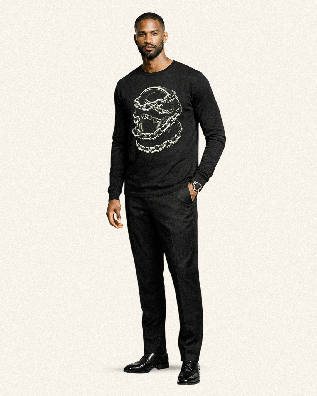 Silenced Frequency Graphic Long Sleeve Tee – Headphones Chain Design, Dark Aesthetic Streetwear